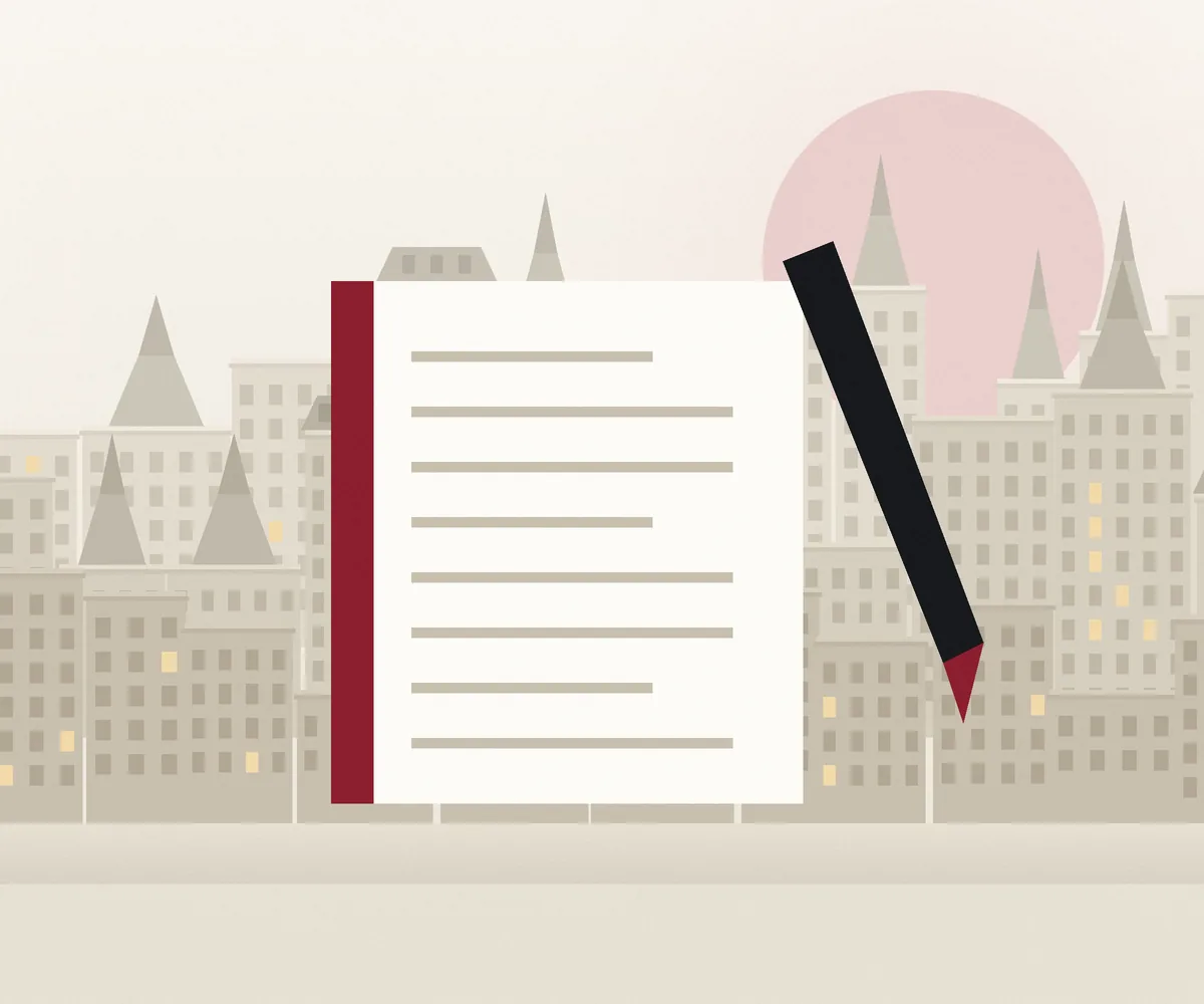 Ilustración de un cuaderno y un bolígrafo sobre Madrid
